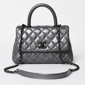 極美品 CHANEL シャネル トップハンドル フラップ XS 2WAYバッグ A92990 29番台 ココマーク エイジドカーフ シルバー 中古 4a009147