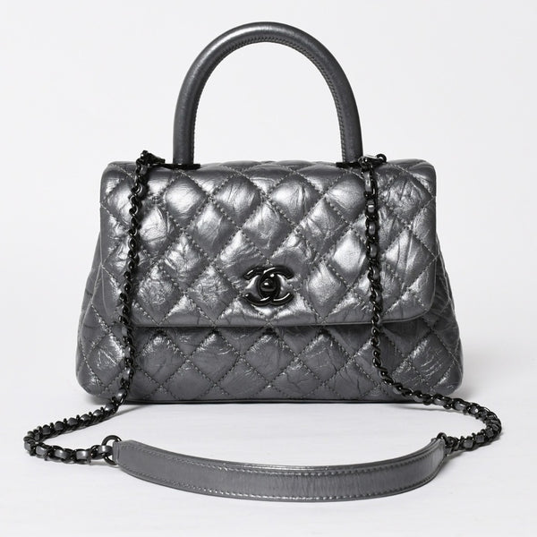 極美品 CHANEL シャネル トップハンドル フラップ XS 2WAYバッグ A92990 29番台 ココマーク エイジドカーフ シルバー 中古 4a009147
