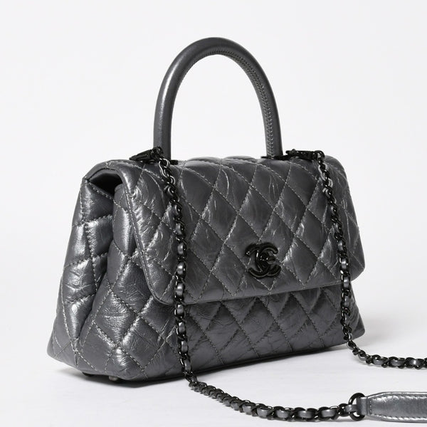 極美品 CHANEL シャネル トップハンドル フラップ XS 2WAYバッグ A92990 29番台 ココマーク エイジドカーフ シルバー 中古 4a009147