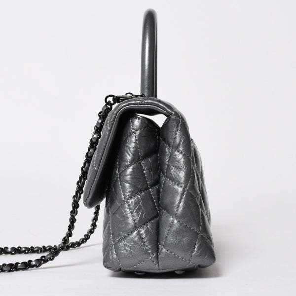 極美品 CHANEL シャネル トップハンドル フラップ XS 2WAYバッグ A92990 29番台 ココマーク エイジドカーフ シルバー 中古 4a009147