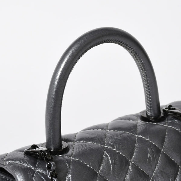 極美品 CHANEL シャネル トップハンドル フラップ XS 2WAYバッグ A92990 29番台 ココマーク エイジドカーフ シルバー 中古 4a009147