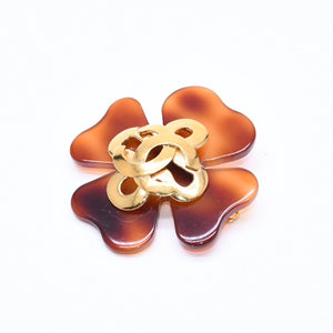 CHANEL Coco Mark Heart Brooch 95P Engraved Made in France Acetate Metal Brown Gold Hardware Good Condition Used 4c043849