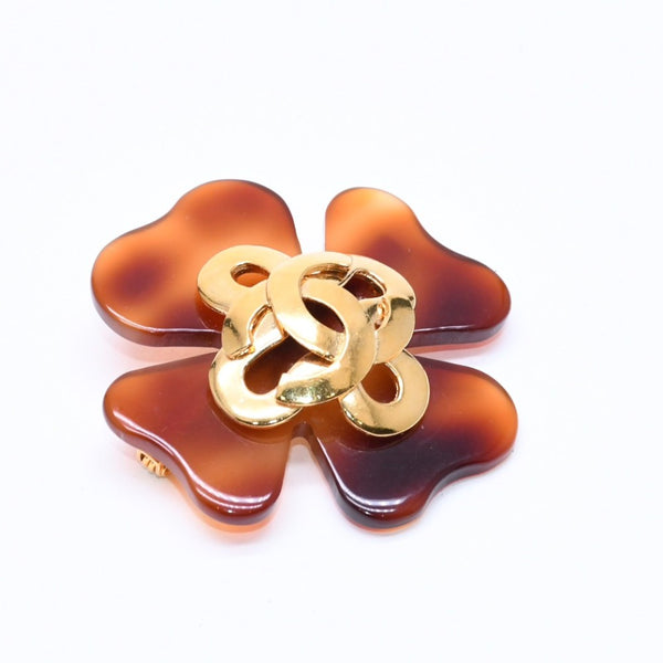 CHANEL Coco Mark Heart Brooch 95P Engraved Made in France Acetate Metal Brown Gold Hardware Good Condition Used 4c043849