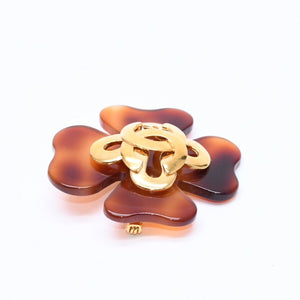 CHANEL Coco Mark Heart Brooch 95P Engraved Made in France Acetate Metal Brown Gold Hardware Good Condition Used 4c043849
