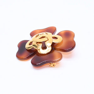 CHANEL Coco Mark Heart Brooch 95P Engraved Made in France Acetate Metal Brown Gold Hardware Good Condition Used 4c043849