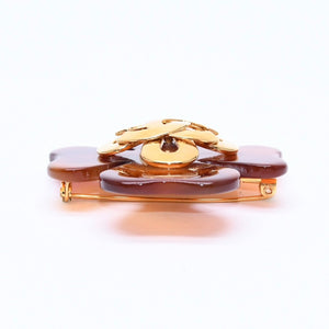 CHANEL Coco Mark Heart Brooch 95P Engraved Made in France Acetate Metal Brown Gold Hardware Good Condition Used 4c043849