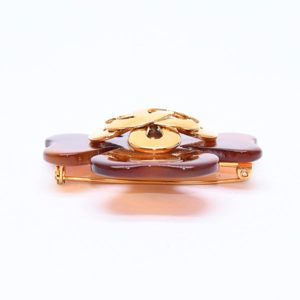 CHANEL Coco Mark Heart Brooch 95P Engraved Made in France Acetate Metal Brown Gold Hardware Good Condition Used 4c043849