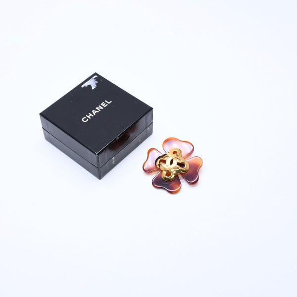 CHANEL Coco Mark Heart Brooch 95P Engraved Made in France Acetate Metal Brown Gold Hardware Good Condition Used 4c043849