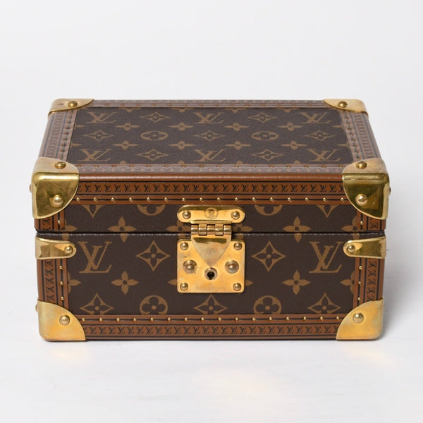 Very Good Condition LOUIS VUITTON Coffret Tresor 24 Mini Trunk Jewelry Case M10130 Monogram Blue Lagon Gold Hardware Used 4a009069