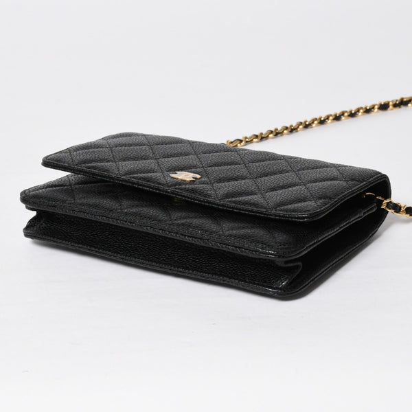 新品同様 CHANEL シャネル チェーンウォレット 長財布 30番台 ココマーク キャビアスキン ブラック ゴールド金具 中古 4a009245