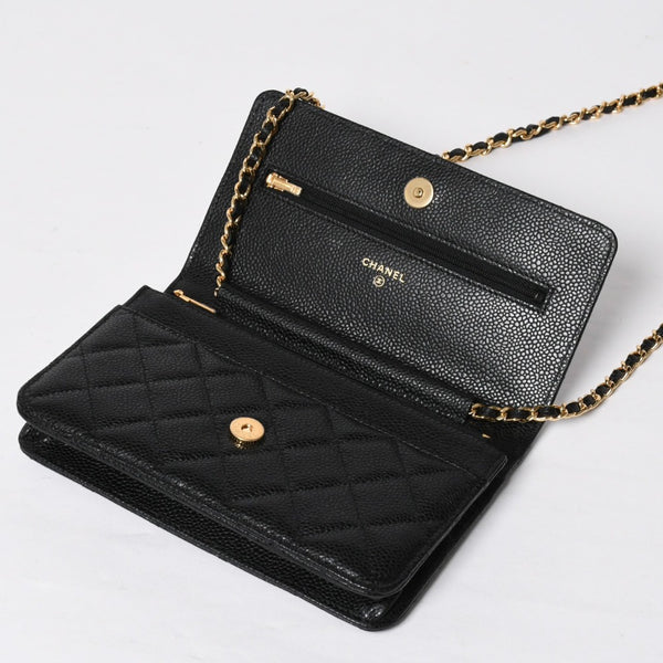 新品同様 CHANEL シャネル チェーンウォレット 長財布 30番台 ココマーク キャビアスキン ブラック ゴールド金具 中古 4a009245