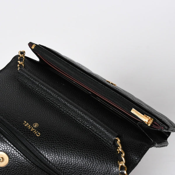新品同様 CHANEL シャネル チェーンウォレット 長財布 30番台 ココマーク キャビアスキン ブラック ゴールド金具 中古 4a009245