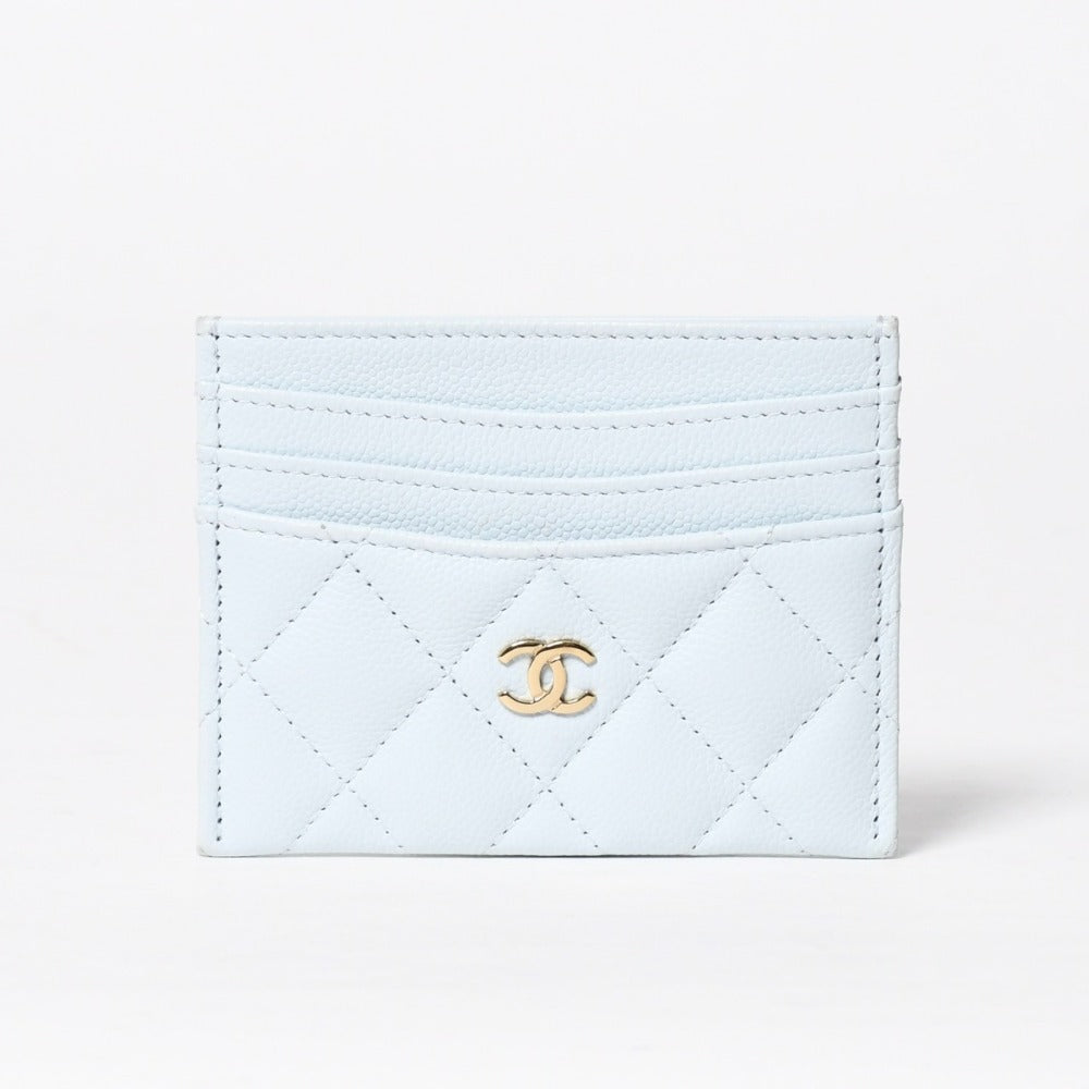 極美品 CHANEL シャネル ココマーク カードケース ランダム番台 キャビアスキン ライトブルー ゴールド金具 中古 4a008763