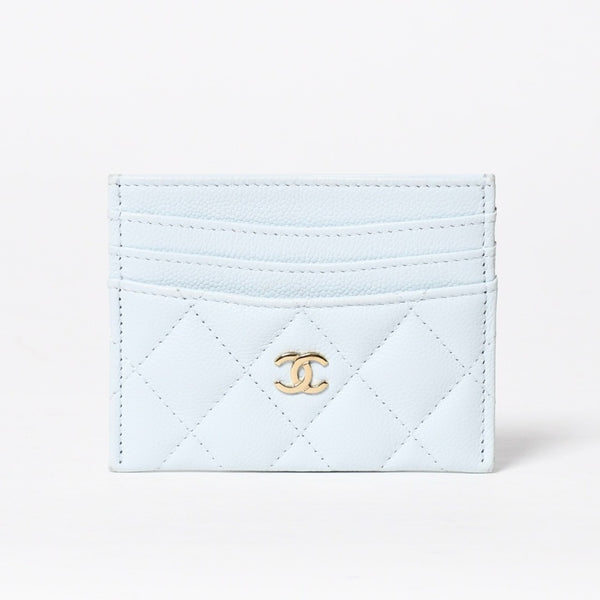 極美品 CHANEL シャネル ココマーク カードケース ランダム番台 キャビアスキン ライトブルー ゴールド金具 中古 4a008763