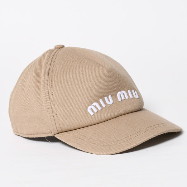 極美品 MIUMIU ミュウミュウ ドリル ベースボールキャップ ロゴ 5HC179 コットン ベージュ ホワイト サイズM 中古 4a009228