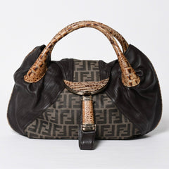 極美品 FENDI フェンディ スパイバッグ ハンドバッグ 8BR511 イタリア製 レザー キャンバス ブラウン ゴールド金具 中古 4a001565
