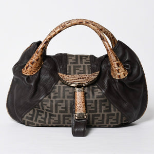 極美品 FENDI フェンディ スパイバッグ ハンドバッグ 8BR511 イタリア製 レザー キャンバス ブラウン ゴールド金具 中古 4a001565