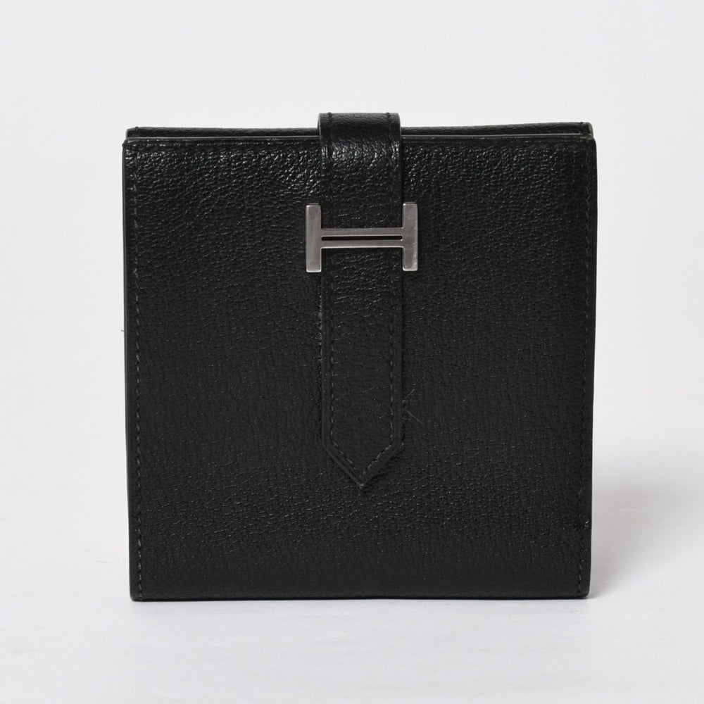 極美品 HERMES エルメス ベアン レクト ヴェルソ 二つ折り財布 □N刻印 シェーブル ブラック シルバー金具 中古 4a009068
