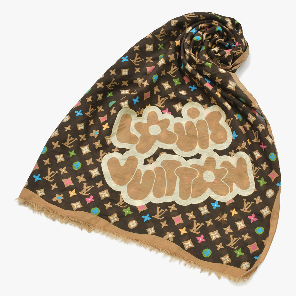 極美品 LOUIS VUITTON ルイヴィトン タイラーザクリエイター モノグラム クレイジーストール 24SS M79794 ブラウン マルチカラー 中古 4a009258