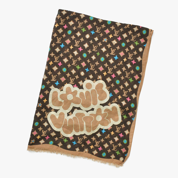 極美品 LOUIS VUITTON ルイヴィトン タイラーザクリエイター モノグラム クレイジーストール 24SS M79794 ブラウン マルチカラー 中古 4a009258