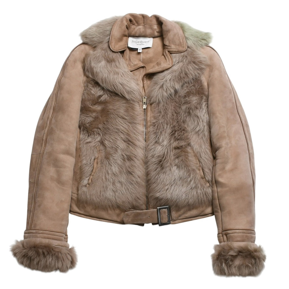 極美品 YVES SAINT LAURENT イヴサンローラン スウェード ファージャケット 135150 XS046 ムートン ベージュ サイズ36 中古 4a009336