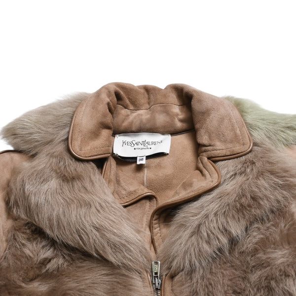 極美品 YVES SAINT LAURENT イヴサンローラン スウェード ファージャケット 135150 XS046 ムートン ベージュ サイズ36 中古 4a009336