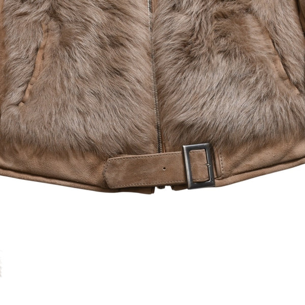 極美品 YVES SAINT LAURENT イヴサンローラン スウェード ファージャケット 135150 XS046 ムートン ベージュ サイズ36 中古 4a009336