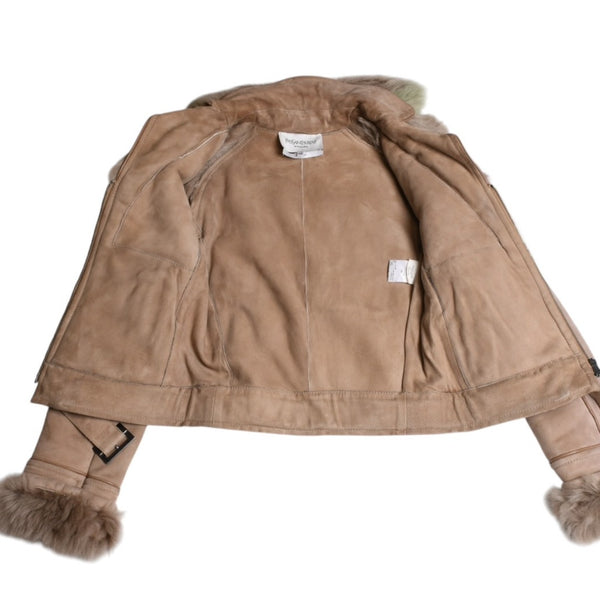 極美品 YVES SAINT LAURENT イヴサンローラン スウェード ファージャケット 135150 XS046 ムートン ベージュ サイズ36 中古 4a009336