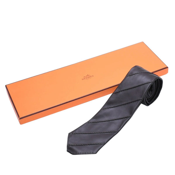 HERMES エルメス ネクタイ レジメン ブラウン ダークブラウン レザー ラムスキン フランス製 美品 中古 4a009279