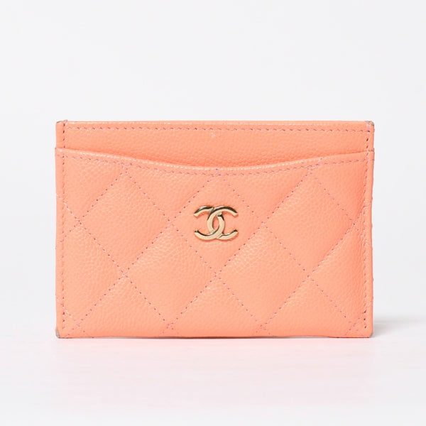 CHANEL シャネル マトラッセ キルティング カードケース ランダム番台 キャビアスキン コーラルピンク ゴールド金具 美品 中古 4a009236