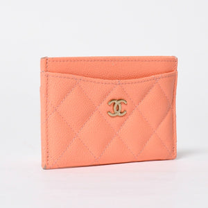 CHANEL シャネル マトラッセ キルティング カードケース ランダム番台 キャビアスキン コーラルピンク ゴールド金具 美品 中古 4a009236