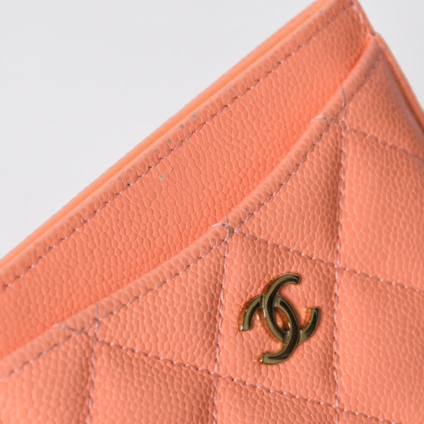 CHANEL シャネル マトラッセ キルティング カードケース ランダム番台 キャビアスキン コーラルピンク ゴールド金具 美品 中古 4a009236