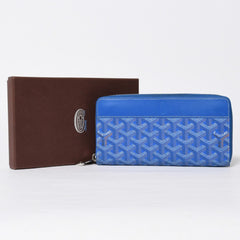極美品 GOYARD ゴヤール マティニョン GM ウォレット APMZIP GM 10 ブルー ゴヤールディンキャンバス 長財布 シルバー金具 中古 4a009189