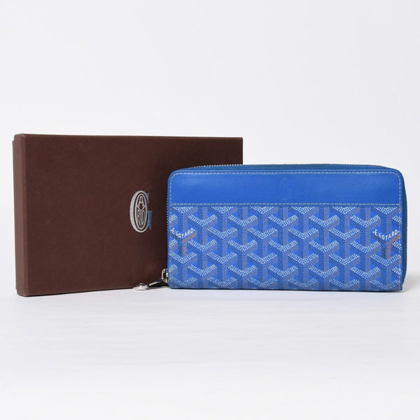 極美品 GOYARD ゴヤール マティニョン GM ウォレット APMZIP GM 10 ブルー ゴヤールディンキャンバス 長財布 シルバー金具 中古 4a009189
