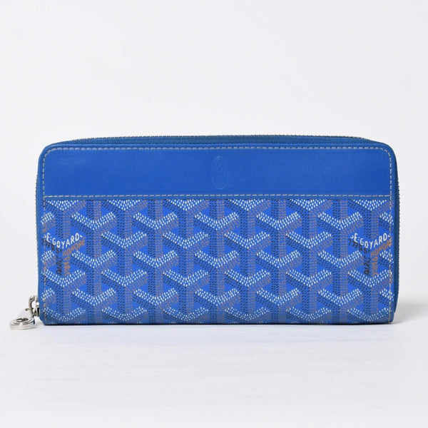 極美品 GOYARD ゴヤール マティニョン GM ウォレット APMZIP GM 10 ブルー ゴヤールディンキャンバス 長財布 シルバー金具 中古 4a009189