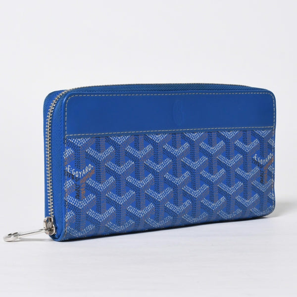極美品 GOYARD ゴヤール マティニョン GM ウォレット APMZIP GM 10 ブルー ゴヤールディンキャンバス 長財布 シルバー金具 中古 4a009189