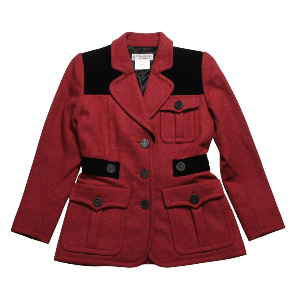 極美品 YVES SAINT LAURENT イヴサンローラン ベロア切り替え ヴィンテージジャケット ウール レッド ブラック サイズ36 中古 4a009337