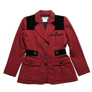 極美品 YVES SAINT LAURENT イヴサンローラン ベロア切り替え ヴィンテージジャケット ウール レッド ブラック サイズ36 中古 4a009337