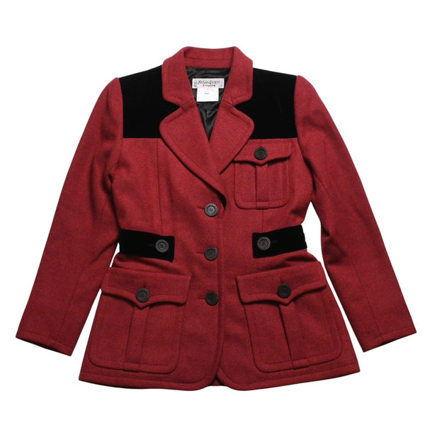 極美品 YVES SAINT LAURENT イヴサンローラン ベロア切り替え ヴィンテージジャケット ウール レッド ブラック サイズ36 中古 4a009337