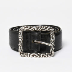 CHROME HEARTS クロムハーツ BLT SCRLREC レクタングル スクロール レザーベルト サイズ32 ブラック シルバー925 美品 中古 4a009285
