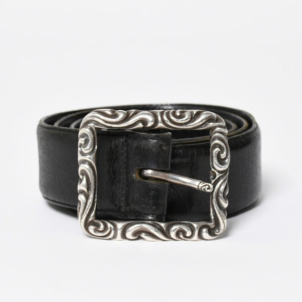 CHROME HEARTS クロムハーツ BLT SCRLREC レクタングル スクロール レザーベルト サイズ32 ブラック シルバー925 美品 中古 4a009285