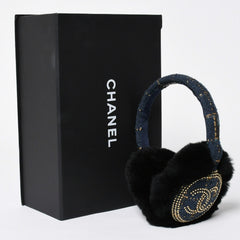 Like new CHANEL CC earmuffs here mark tweed lapinfur navy gold multicolor used 4a008769