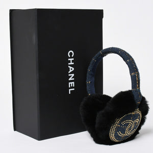 Like new CHANEL CC earmuffs here mark tweed lapinfur navy gold multicolor used 4a008769