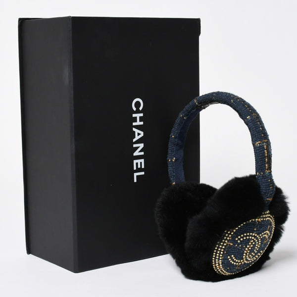 Like new CHANEL CC earmuffs here mark tweed lapinfur navy gold multicolor used 4a008769