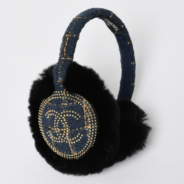 Like new CHANEL CC earmuffs here mark tweed lapinfur navy gold multicolor used 4a008769