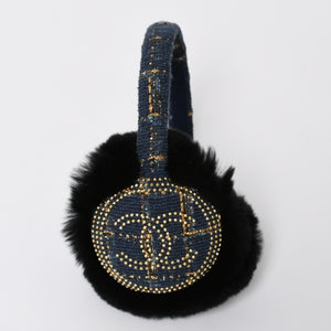 Like new CHANEL CC earmuffs here mark tweed lapinfur navy gold multicolor used 4a008769