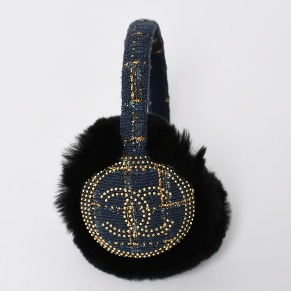 Like new CHANEL CC earmuffs here mark tweed lapinfur navy gold multicolor used 4a008769