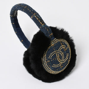 Like new CHANEL CC earmuffs here mark tweed lapinfur navy gold multicolor used 4a008769