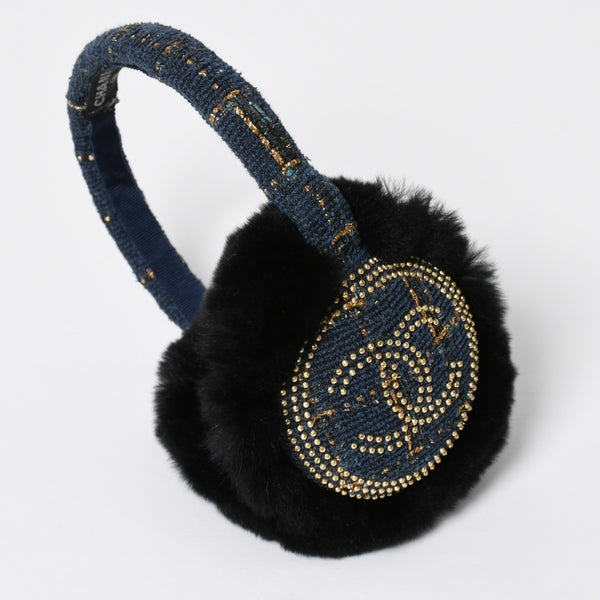 Like new CHANEL CC earmuffs here mark tweed lapinfur navy gold multicolor used 4a008769