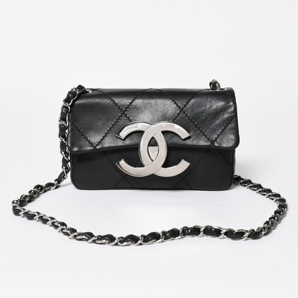 極美品 CHANEL シャネル ワイルドステッチ ミニチェーンショルダーバッグ 9番台 ココマーク ラムスキン ブラック シルバー金具 中古 4a009388